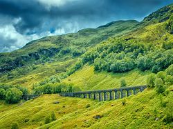 Szkocja, Wiadukt, Trawa, Góry, Glen Ogle Viaduct, Most, Drzewa